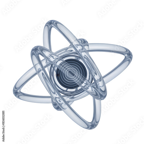 Dynamic atom model with glass rings and concentric circles on black background