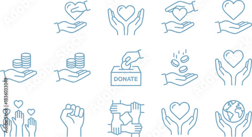 Charity and Donation Icon Set, Hands Holding Heart, Money, Donation Box, Raised Hands, Fist, and Global Earth Symbol for Support, Generosity, and Volunteering