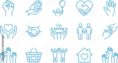 Charity, Community Support, and Volunteering Icon Set, Donation, Handshake, Newborn Baby, Helping Hands, and Food Bowl Symbols for Social Care and Non-Profit Organizations