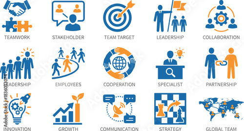 Business Teamwork and Strategy Icon Set, Global Team, Leadership, Collaboration, Stakeholder, Partnership, Innovation, and Growth Symbols for Corporate Management and Success