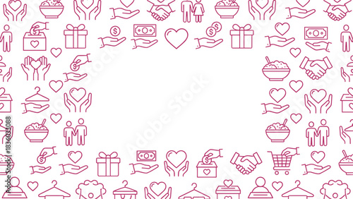 Charity, Donation, and Volunteering Seamless Pattern Border with Outline Icons of Hands, Hearts, Money, Food, Clothes, and Gifts for Non-Profit Backgrounds
