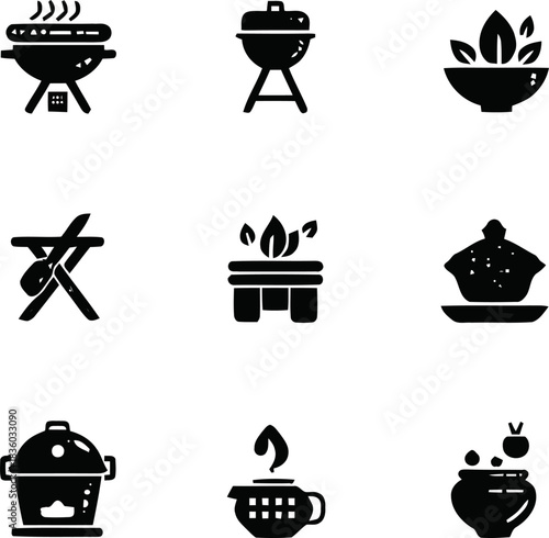 Collection of culinary icons representing cooking methods and food preparation styles