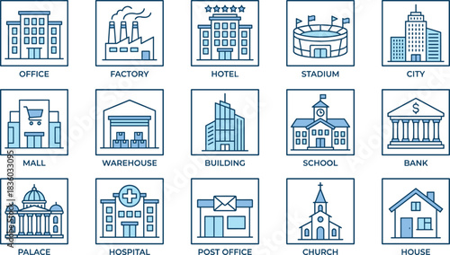 City Buildings and Real Estate Icon Set, Office, Hotel, Factory, Hospital, School, Bank, Church, and Post Office Symbols for Urban Architecture and Public Service