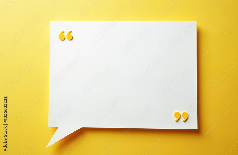Fototapeta premium White speech bubble with yellow quotation marks on yellow backdrop. Clean design for message mockup. Blank dialogue box conveys communication. Minimalist background suitable for text template.