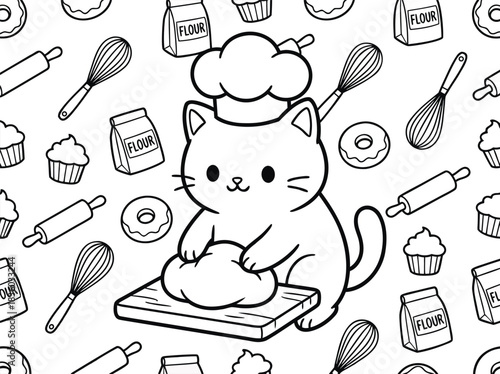 Cute Cat Baker Kneading Dough Illustration.