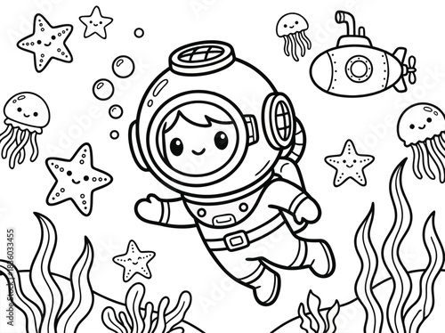 Cute Diver Coloring Page with Sea Life.
