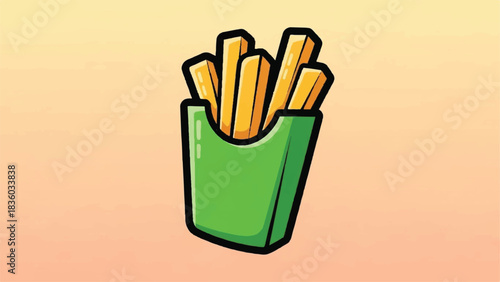Green carton filled with golden french fries illustration.