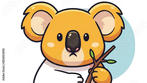 Cute Cartoon Koala Holding Eucalyptus Branch Adorable Animal Illustration.