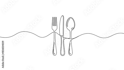 One line art of  a minimalistic line art illustration of cutlery including a fork knife and spoon on a white background