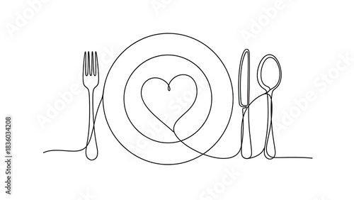 One line art of  single line drawing of plate with heart fork knife and spoon on white background minimalist line art design