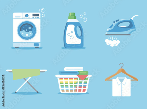 Laundry day essentials and cleaning appliances.