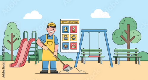 Maintaining safety: A custodian cleaning playground ensuring a safe play environment