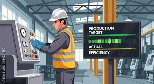 Factory worker cleaning machine interface with production performance data display