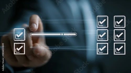 Businessman Hand Checking Tasks On A Futuristic Digital Checklist Interface With Blue Glowing Lines And Progress Bar