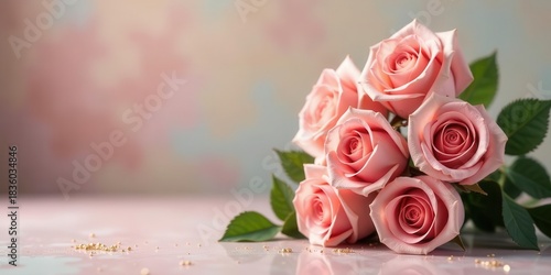 Gentle pastel bloom arrangement featuring delicate pale pink roses with lush green foliage adorning a reflective surface with subtle golden accents