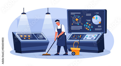 Custodian maintaining cleanliness in a futuristic laboratory research facility