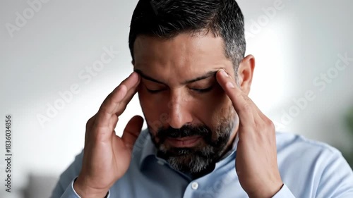 Man Experiencing Discomfort, Focus on Pain, Facial Expressions of Displeasure and Strain