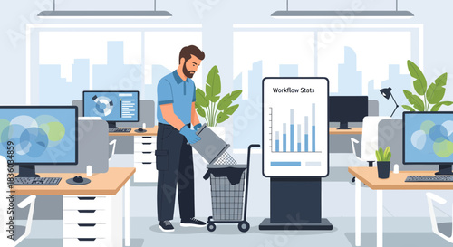 Office sanitation professional emptying trash in modern workspace environment