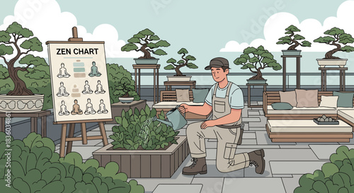 Rooftop serenity a gardener nurturing peace among bonsai and zen philosophy