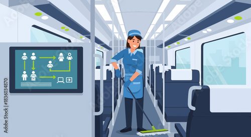 Diligent cleaner ensures a spotless train cabin for passenger comfort and well-being