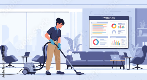 Office Cleaning: A Cleaner Vacuuming in a Modern Workspace Environment