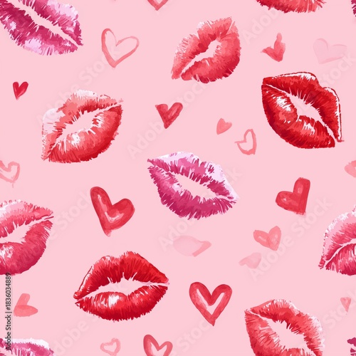 Watercolor Lips and Hearts Pattern for Valentine's Day