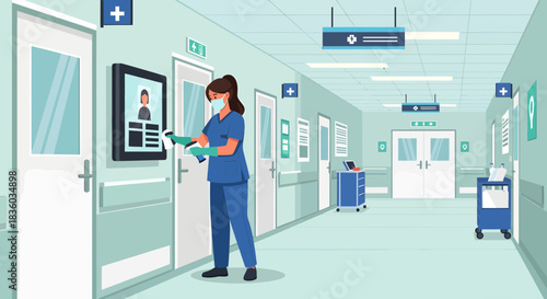 Diligent healthcare worker disinfecting in a modern hospital corridor