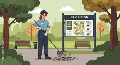 Female worker cleaning leaves in a park landscape with information board