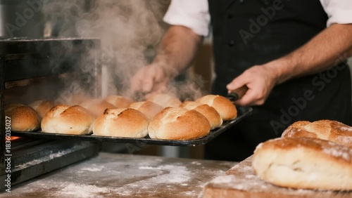 Baker removing freshly baked bread from oven with steam rising