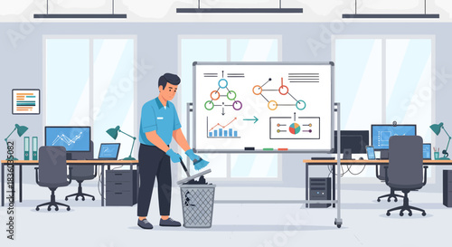 Office cleaning service, janitor removing marker dust after business meeting