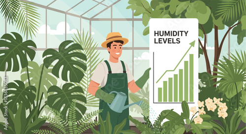 Gardener watering plants inside greenhouse with humidity level increasing chart