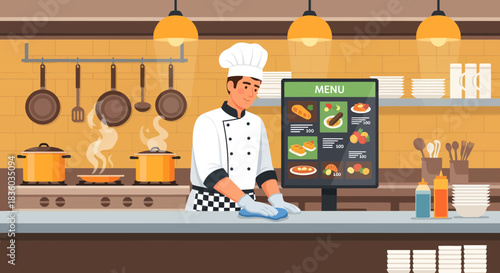 Culinary space chef sanitizing counter near stove and digital menu display