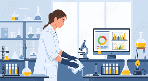Scientist in laboratory, conducting experiment, analyzing data and cleaning workspace