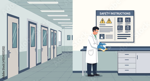 Laboratory workspace scene showcasing cleaning protocols and safety measures