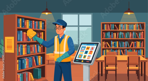 Diligent librarian maintaining order and cleanliness amidst knowledge resources