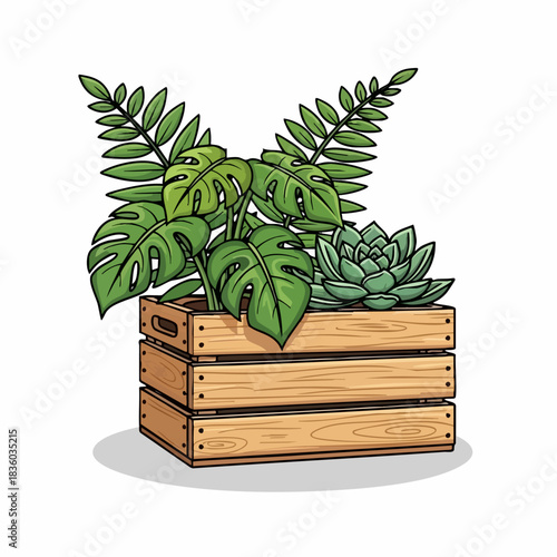 Wooden crate pot featuring various types of greenery, including ferns and succulents. Wooden crate pot arrangements bring nature indoors with vibrant flora,