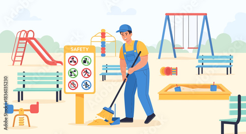 Cartoon illustration of playground cleaner keeping outdoor area safe and tidy