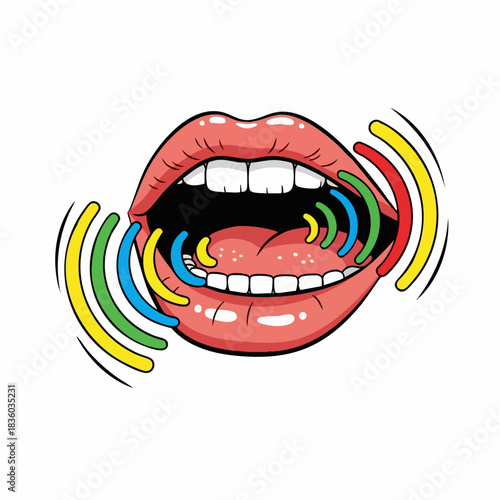 Open mouth with sound waves emitting from its interior, colorful sound waves illustration. Mouth is presented with an open mouth, teeth, tongue and throat, demonstrating sound waves.