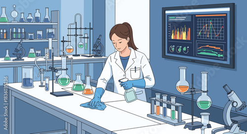 Illustration of a scientist cleaning a laboratory counter with cleaning spray