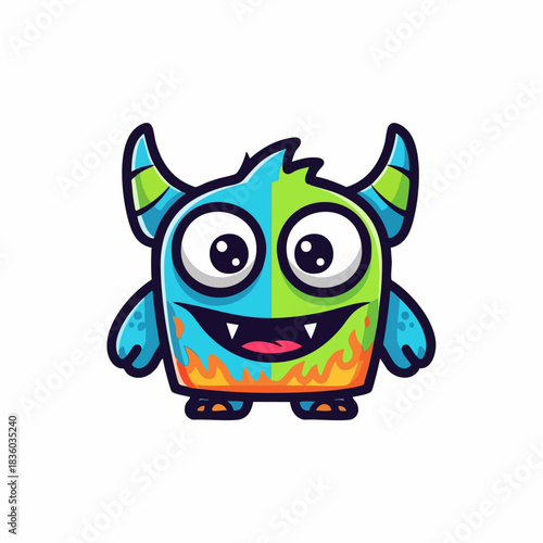 Cartoon monster character art in bright colors for children's design projects. Cartoon monster illustration of cute and vibrant character with horns, smile and flames, perfect for playful themes.