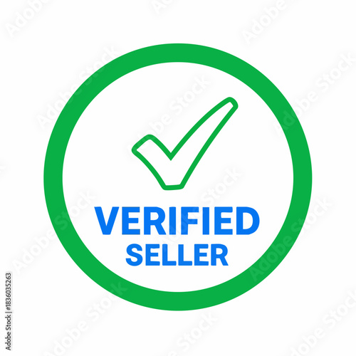 Verified seller badge with green checkmark indicating validation and approval, essential symbol for e-commerce. This verified seller confirmation seal adds trust, credibility,