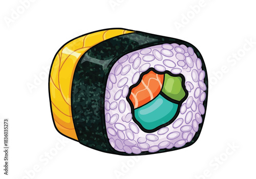 Delicious Sushi Roll with Salmon and Avocado Illustration.