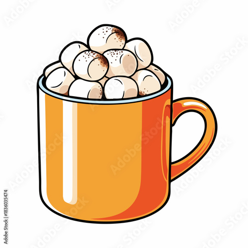 Mug of marshmallows on white background. Marshmallows fill orange mug to overflowing with small dots in delightful illustration. This marshmallows snack will satisfy your sweet tooth.