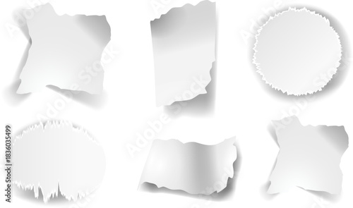 Realistic Torn Paper Shapes Six White Vector Pieces with Frayed Edges and Soft Shadows for Decorative Design Elements and Note Templates