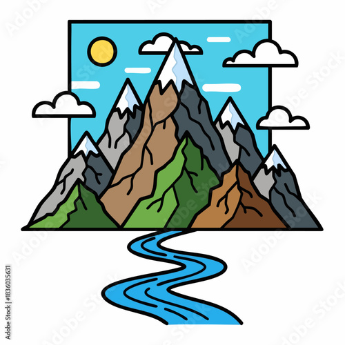 Flat mountain illustration shows rocky peaks against backdrop of blue sky, sun, clouds, and river. This flat mountain illustration provides aesthetic appeal with natural colors and linear style.