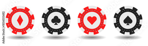 Gambling casino chips vector set featuring colorful chip designs, clean details, and modern minimal symbols for gaming, betting, entertainment, and digital creative projects.