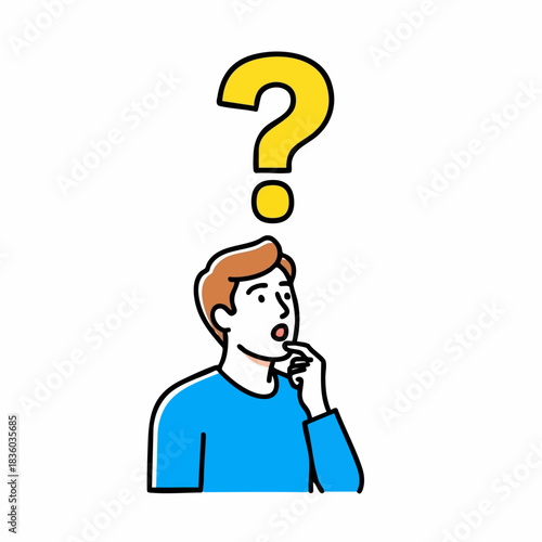 Man with question, thoughtful person looks up at yellow question mark above his head. Question, confusion, or lack of knowledge is visually depicted, with person touching his chin thoughtfully.
