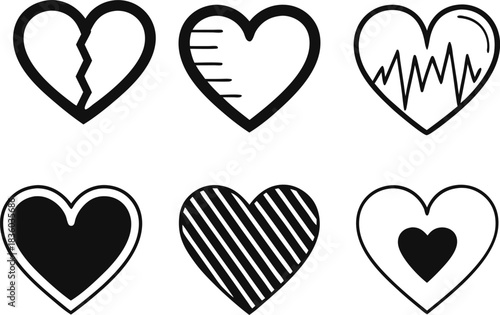 Collection of six hand drawn heart icons representing love and emotion