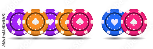 Gambling casino chips vector set featuring colorful chip designs, clean details, and modern minimal symbols for gaming, betting, entertainment, and digital creative projects.