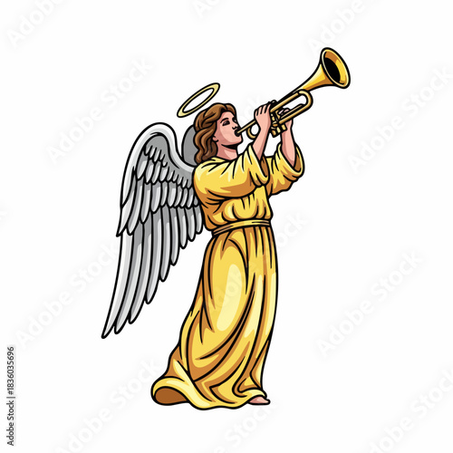 Angel playing trumpet for celestial music and a holy celebration, angelic figure performs with fanfare. Heavenly angel playing trumpet creates joyous, divine sound, symbol of peace and spirituality.